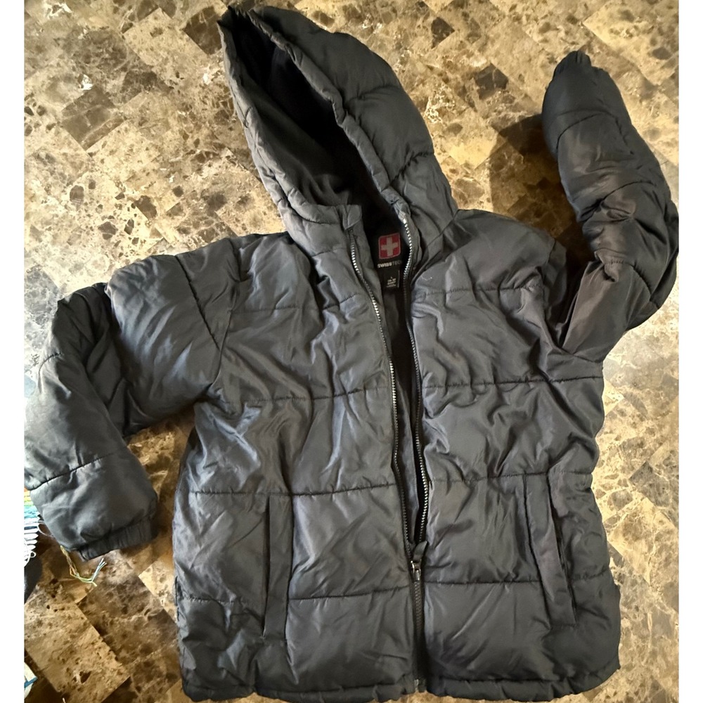 Swiss Tech Boys Black Puffer Jacket Fleece Lined Hooded Coat Size L 10-12 Husky